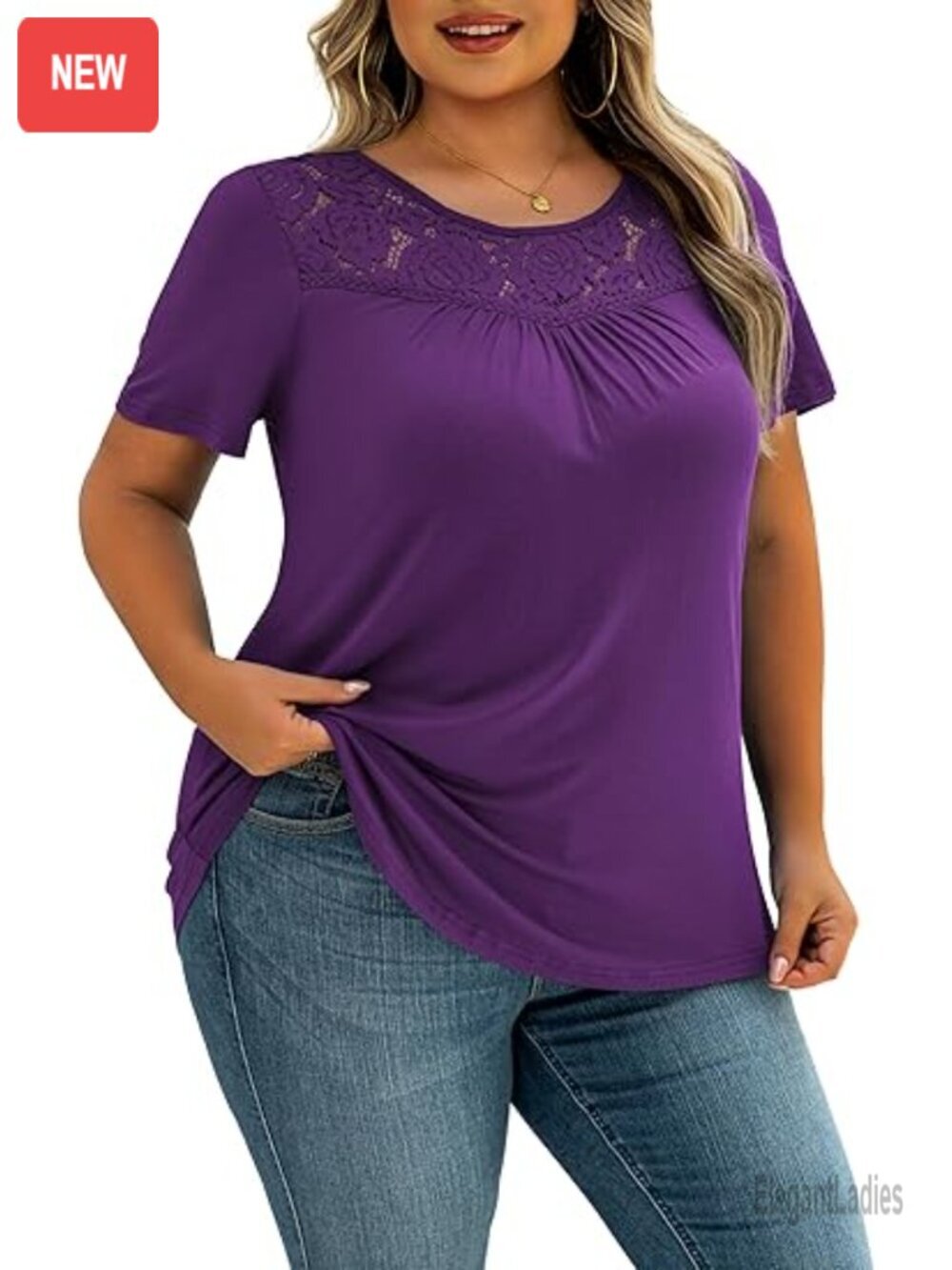 Women's Plus Size Lace Pleated Tunic Top Short Sleeve Blouse Summer